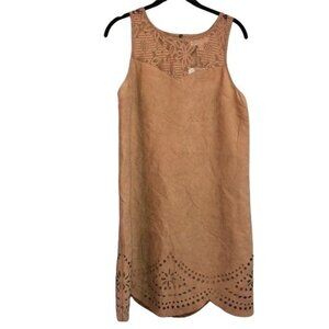 NWT Sleeveless Tan Suede Dress With Lace Overlay & Laser-Cut Hem